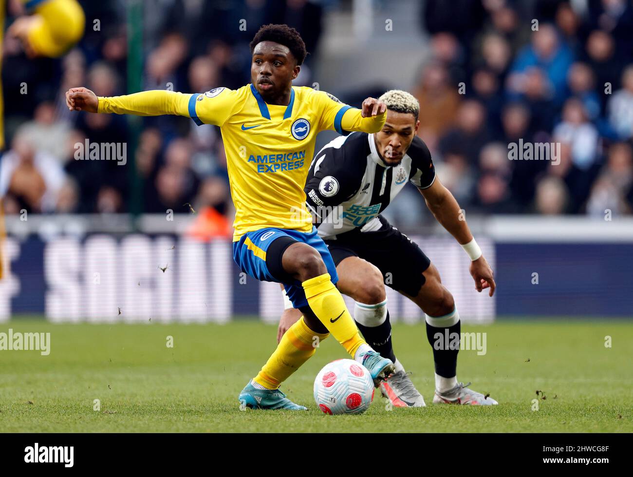 Brighton e Hove Albion's Tariq Lamptey (a sinistra) e Newcastle United's Joelinton combattono per la palla durante la partita della Premier League al St. James' Park, Newcastle upon Tyne. Data foto: Sabato 5 marzo 2022. Foto Stock