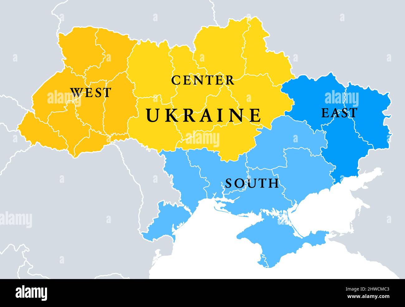 Ucraina divisioni geografiche, mappa politica. Paese dell'Europa orientale, suddiviso in quattro aree, utilizzato nei sondaggi, o a fini di riferimento o statistici. Foto Stock