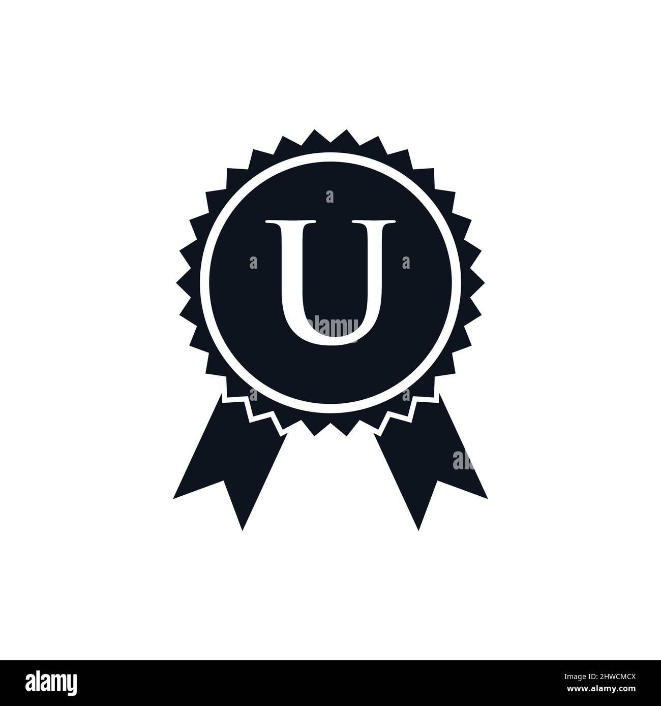Badge di medaglia certificato per il vincitore del premio sul modello con logo U. Logo del marchio Best seller su Letter U Vector Illustrazione Vettoriale