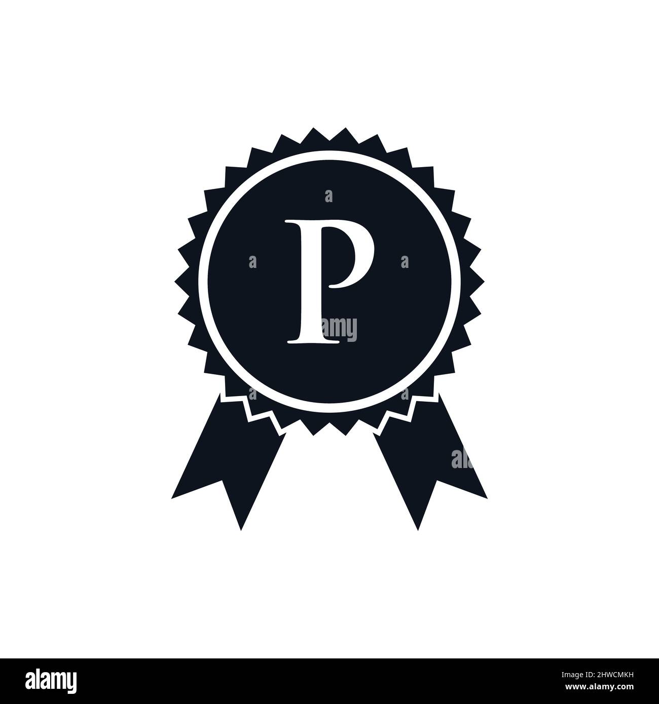 Badge di medaglia certificato per il vincitore del premio sul modello con logo P. Logo del marchio Best seller su Letter P Vector Illustrazione Vettoriale