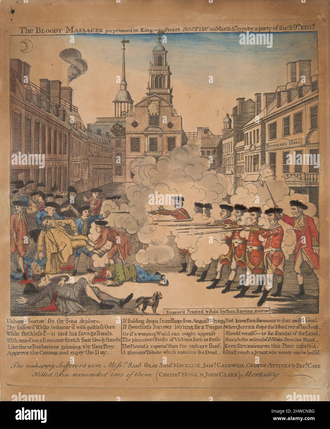 Il massacro di Bloody perpetrato a King-Street Boston il 5th 1770 marzo da un Party of the 29th Regt.. Artista: Paul Revere, americano, 1735–1818 Foto Stock