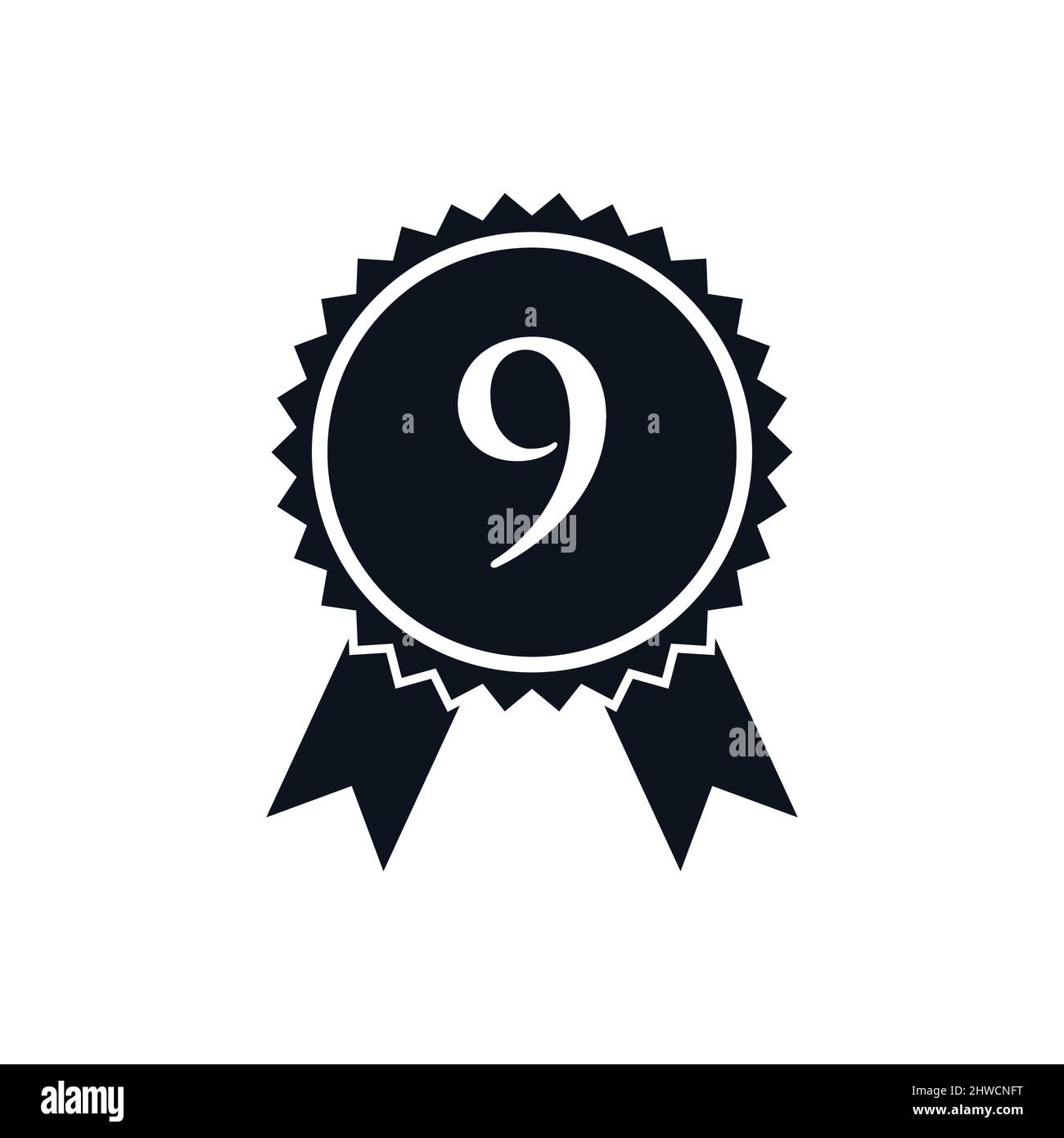 Badge con medaglia certificata per il vincitore del premio sul modello con logo 9. Logo del marchio Best seller su Letter 9 Vector Illustrazione Vettoriale