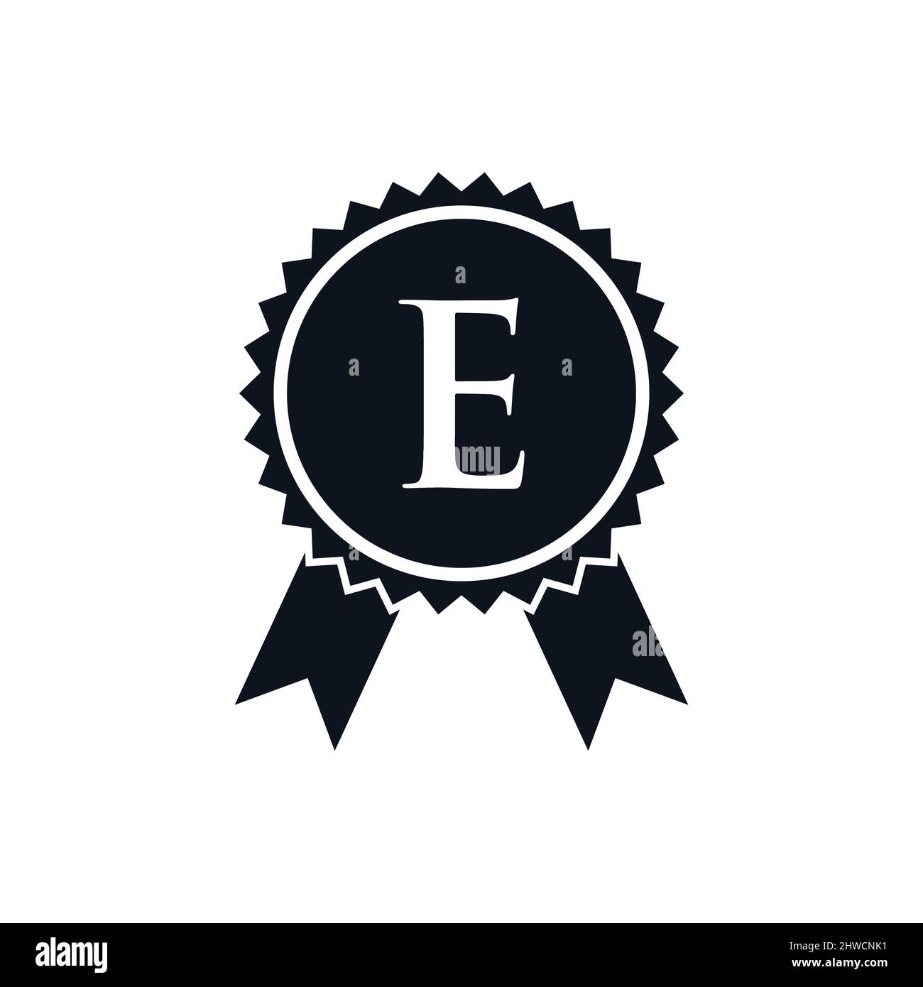 Badge di medaglia certificato per il vincitore del premio sul modello con logo E. Logo del marchio Best seller su Letter e Vector Illustrazione Vettoriale