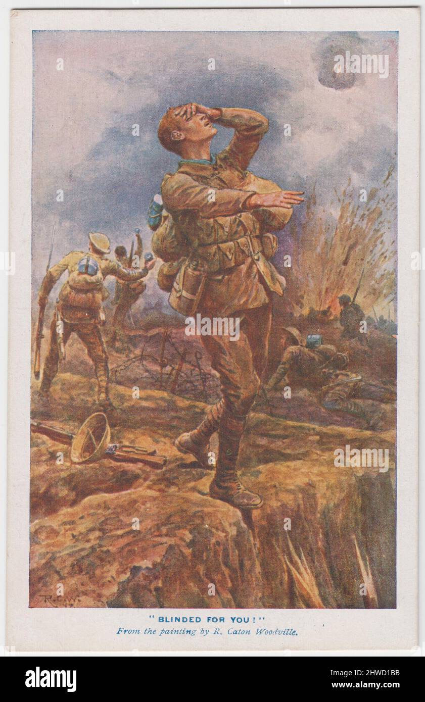 Cartolina di raccolta fondi della prima guerra mondiale di St Dunstan: "Accecato per te". Dipinto di una scena di battaglia del WW1, che mostra un soldato accecato che sta per cadere in una trincea. Dietro di lui si possono vedere scene di combattimento (guscio esplosiva e soldati che lanciano granate). L'immagine è stata dipinta da Richard Caton Woodville Jr. (1856-1927) e la cartolina è stata pubblicata per raccogliere fondi per St Dunstan's, Regent's Park, Londra, e il National Institute for the Blind Foto Stock