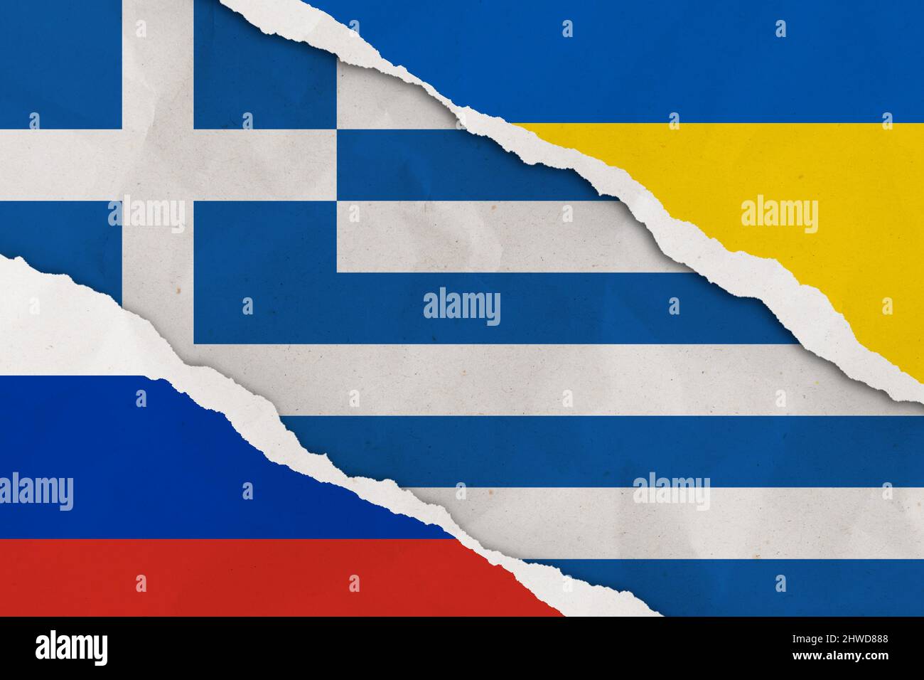 Ucraina, Russia, Grecia bandiera strappato carta grunge sfondo. Astratto Ucraina Russia conflitti politici, concetto di guerra trama sfondo. Foto Stock