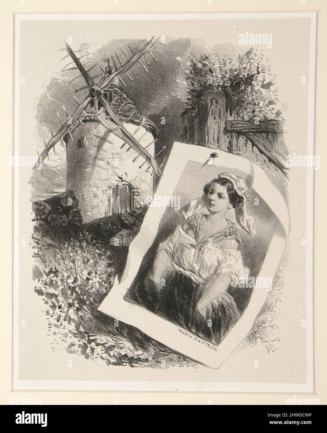 Donna e mulino a vento. Artista: Célestin Francis Nanteuil, francese, 1813–1873 Foto Stock