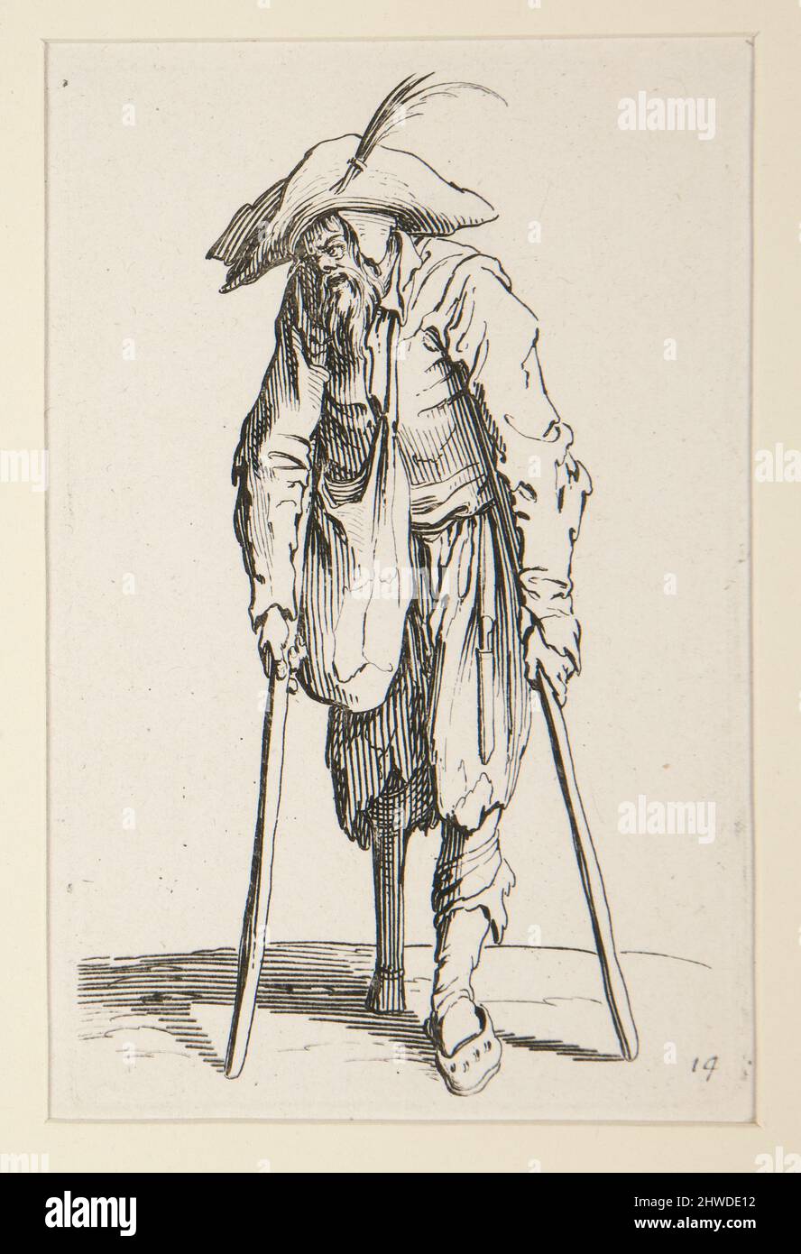 Beggar con una gamba di legno, dai Beggars (le mendiant a la jambe de bois). Artista: Jacques Callot, francese, 1592–1635 Foto Stock