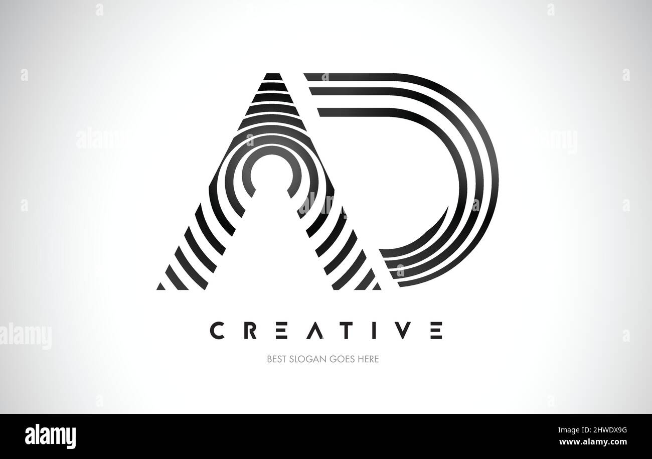 AD Lines Warp Logo Design.icona lettera vettoriale realizzata con linee circolari nere. Illustrazione Vettoriale