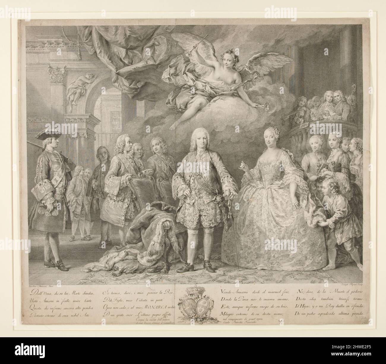Ritratto di Ferdinando VI, [Maria Barbara di Braganza e personaggi della corte, tra cui Domenica Scarlatti e Carlo Broschi Farinelli]. Incisore: Jean Charles Flipart, francese, 1682–1751After: Jacopo Amigoni, italiano, 1682-1752 Foto Stock