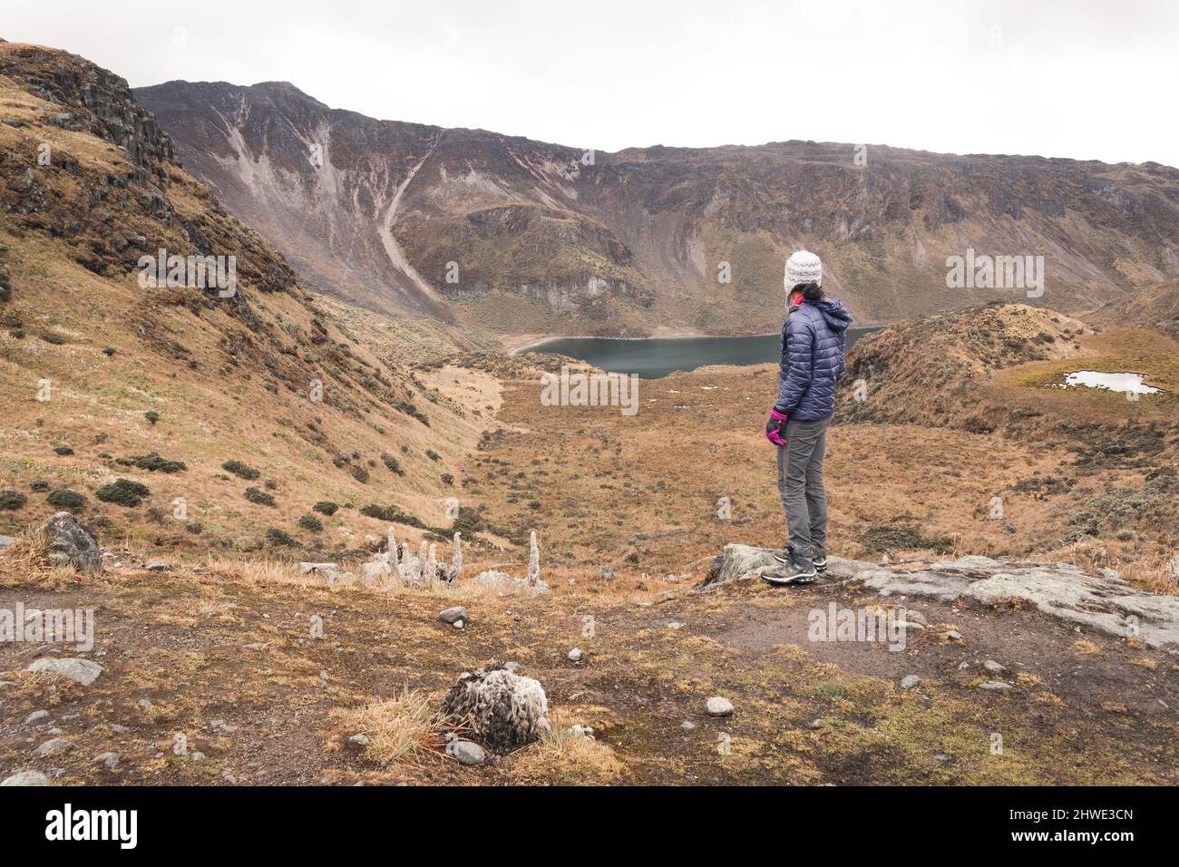 Bella giovane donna afroamericana che guarda l'impressionante paesaggio della valle del ghiacciaio e il lago Foto Stock