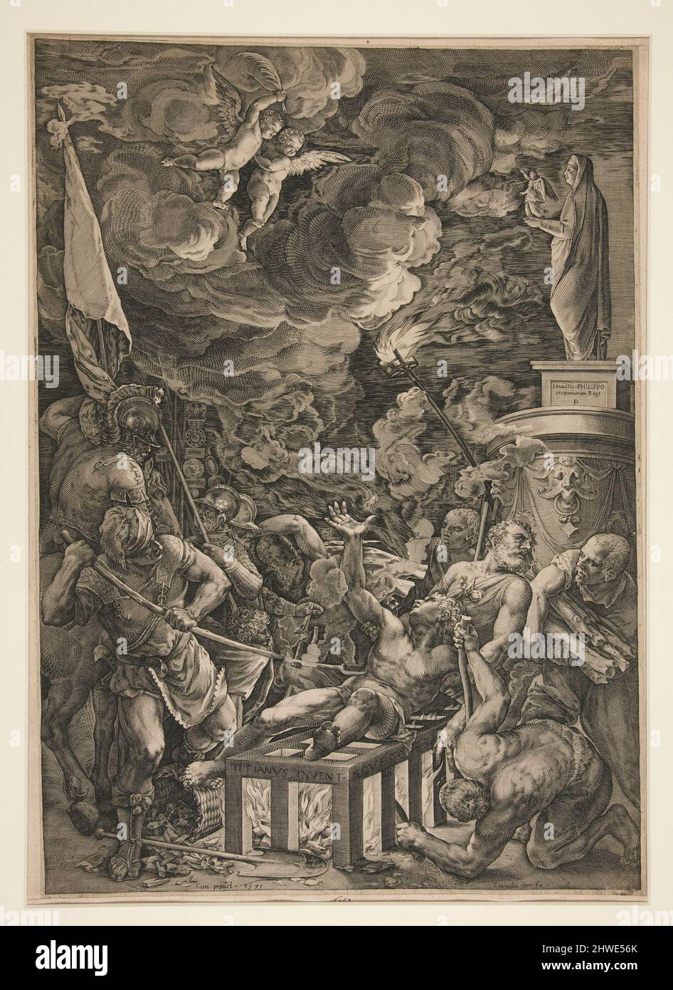 Il martirio di San Lorenzo. Incver: Cornelis Cort, Olandese, 1533?–1578After: Tiziano Vecellio, Italiano, Venezia, ca. 1488–1576 Foto Stock