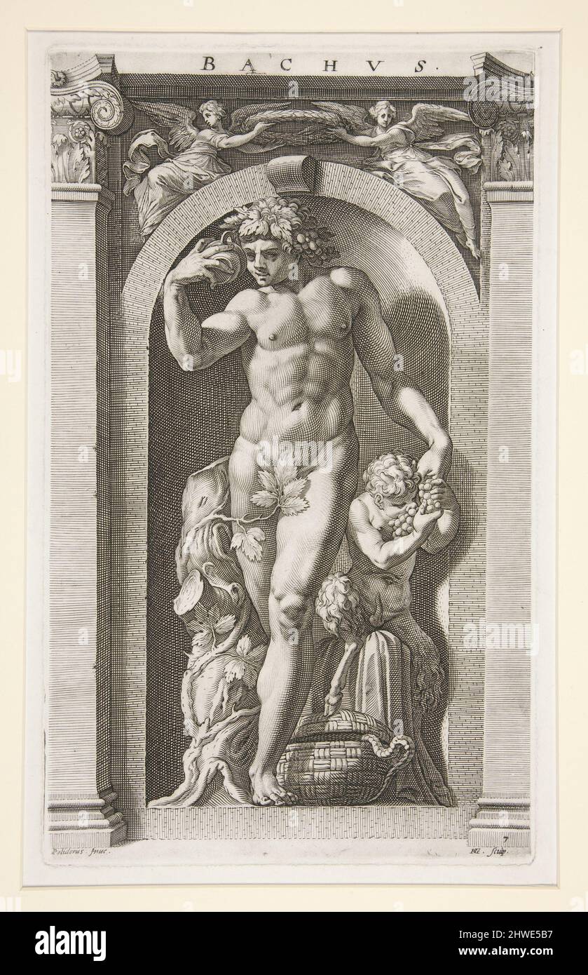 Bacchus, #7 in una serie di otto divinità antiche. Artista: Hendrick Goltzius, Olandese, 1558–1617After: Polidoro da Caravaggio, Italiano, ca. 1499–ca. 1543 Foto Stock