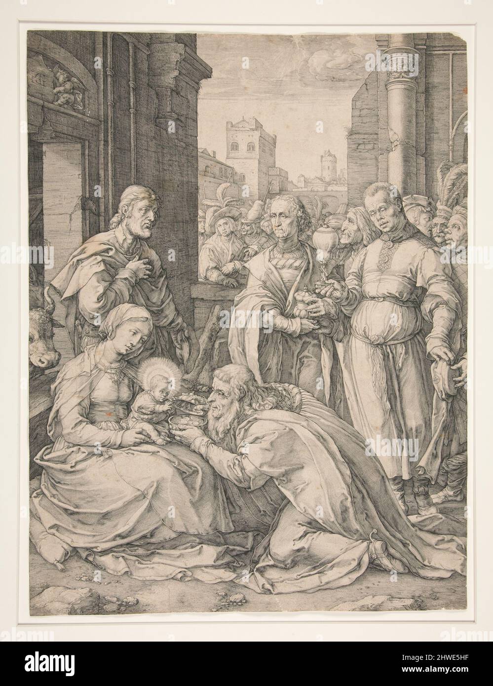 L'Adorazione dei Magi, dalla serie la nascita e la vita precoce di Cristo. Artista: Hendrick Goltzius, olandese, 1558–1617 Foto Stock