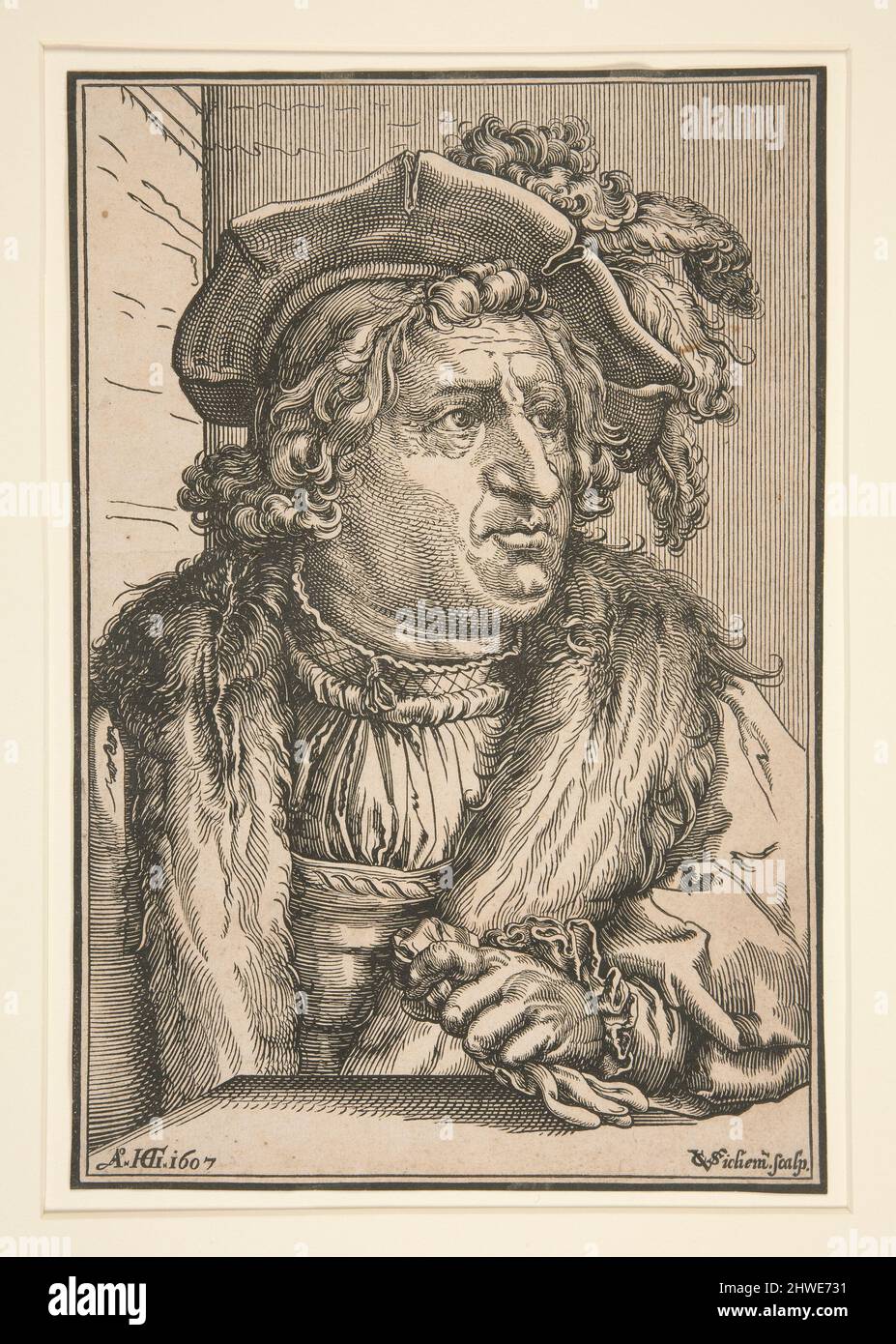 Uomo in un cappello di Plumed (erroneamente chiamato otto Heinrich, conte di Schwarzenberg). Taglierina: Christoffel Van Sichem i, olandese, 1546–1624After: Hendrick Goltzius, olandese, 1558–1617 Foto Stock