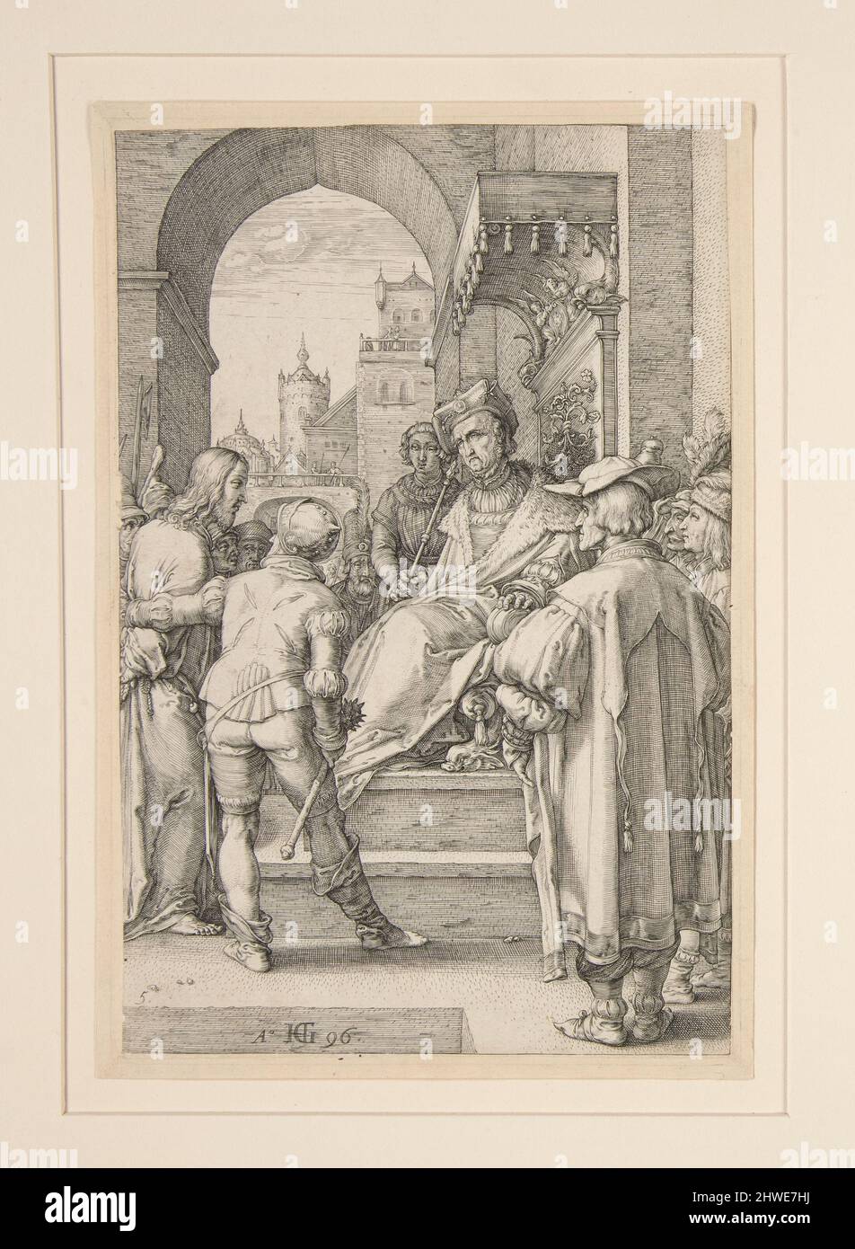 Cristo prima di Pilato, dalla Passione, #5 in una serie di 12 incisioni. Artista: Hendrick Goltzius, olandese, 1558–1617 Foto Stock