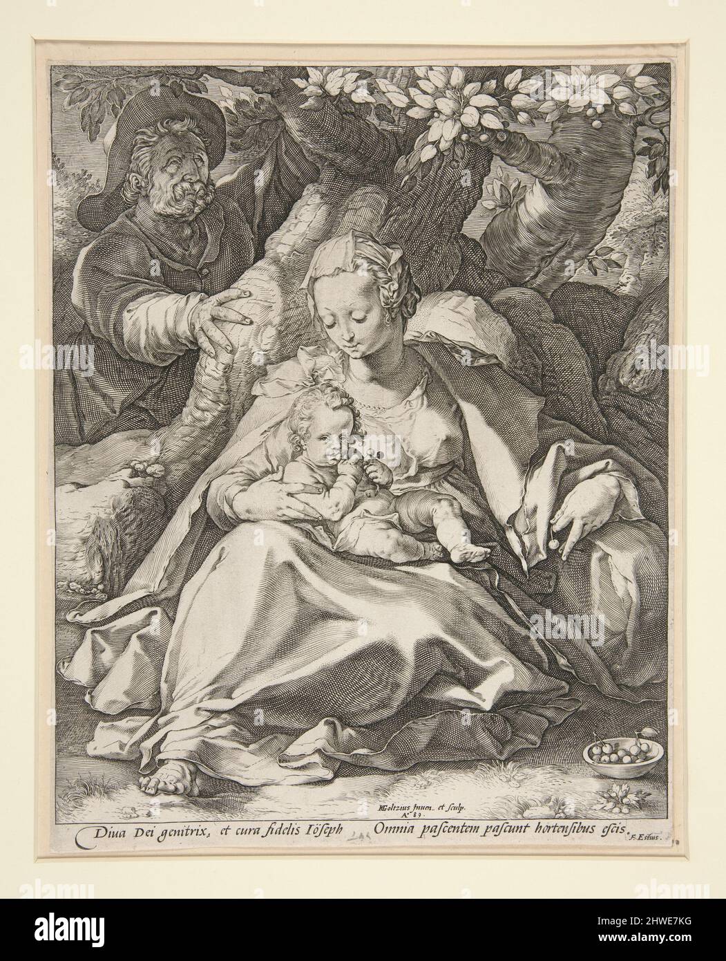La Sacra Famiglia sotto l'albero di Cerry / Rest sul volo in Egitto sotto un albero di Cerry. Artista: Hendrick Goltzius, olandese, 1558–1617 Foto Stock