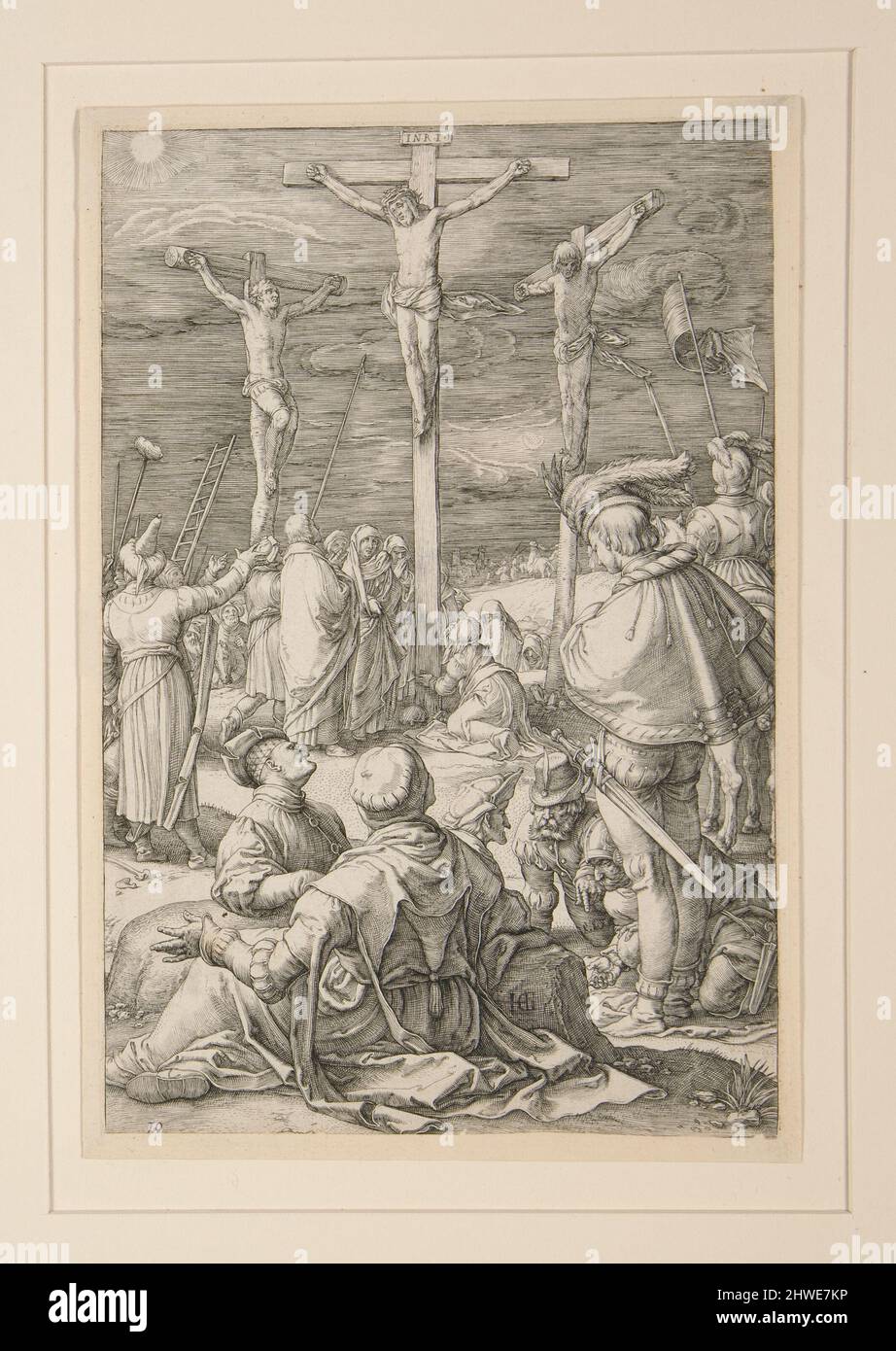 La Crocifissione (Cristo sulla Croce), dalla Passione, #10 in una serie di 12 incisioni. Artista: Hendrick Goltzius, olandese, 1558–1617 Foto Stock