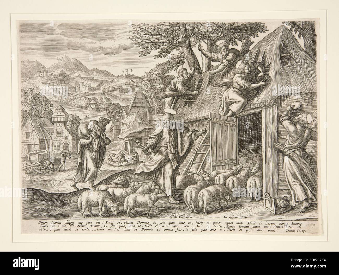 Scena della vita di San Pietro. Incisore: Hendrick Goltzius, olandese, 1558–1617After: Maarten de Vos, fiammingo, 1532–1603 Foto Stock