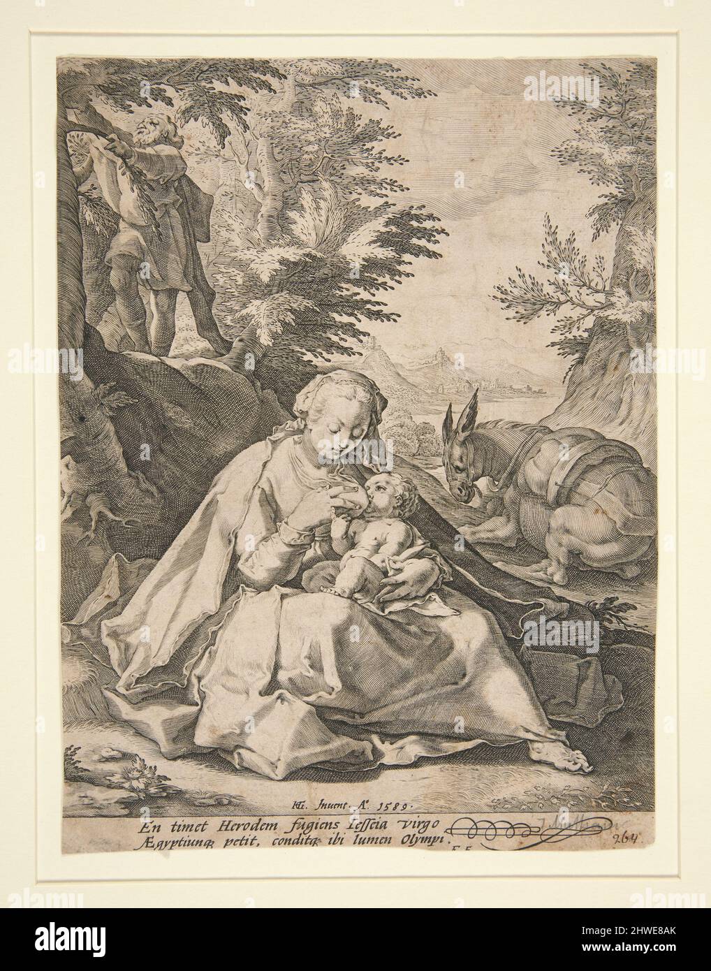 La Sacra Famiglia in fuga in Egitto. Incisore: Jacob Matham, olandese, 1571–1631After: Hendrick Goltzius, olandese, 1558–1617 Foto Stock