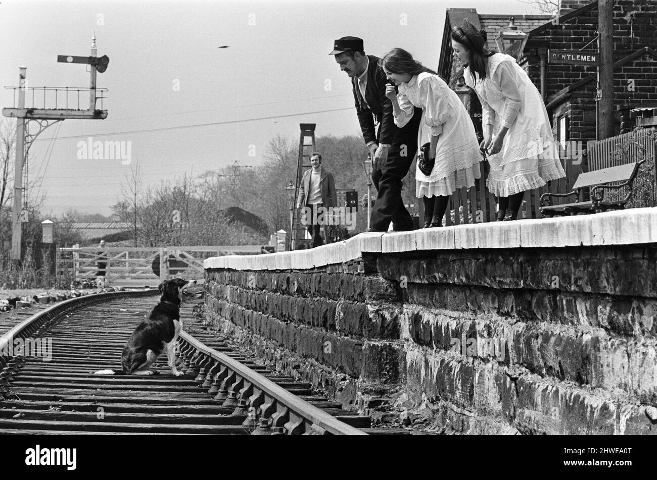 Le telecamere rotolarono, la scena fu impostata e l'azione iniziò quando lungo arrivò Shep. Le collie sedevano nel mezzo della pista mentre "The Railway Children" veniva girato a Haworth, nello Yorkshire. Dopo essere stato Coaxed via il cane è stato guardato dalla polizia locale Sgt. Nelle foto sono Bernard Cribbins, Sally Thomsett e Jenny Agutter che cercano di sguazzare il cane fuori set. 11th maggio 1970. Foto Stock