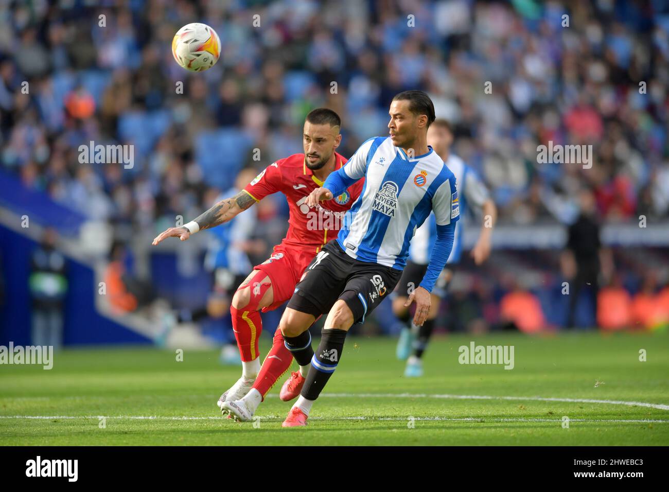Barcelona,Spain.5 March,2022. RDT,raul de Tomás (11) di RCD Espanyol durante la partita spagnola la Liga tra RCD Espanyol e Getafe CF allo stadio RCDE. Credit: Rosdemora/Alamy Live News Foto Stock