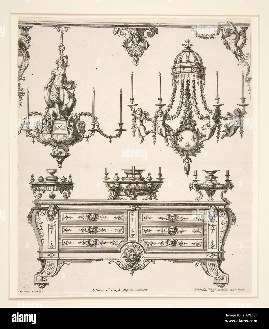 Foglio da commodes et lustres. Artista: Johann Christoph Hafner, tedesco, 1668–1754After: Jean Bérain, francese, 1640–1711 Foto Stock