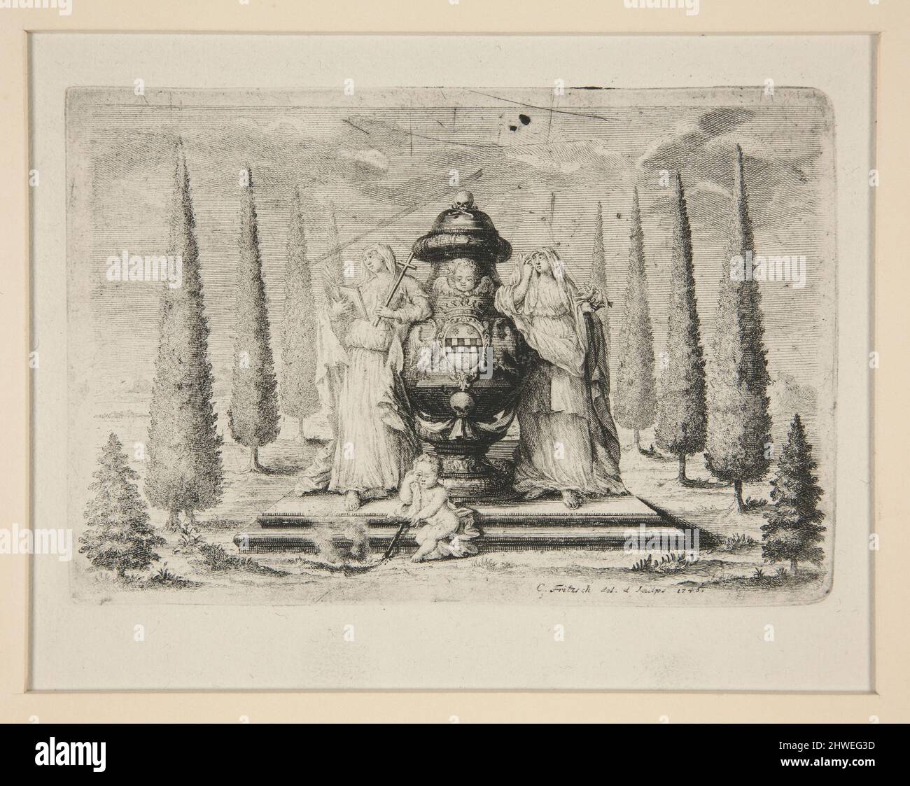 Rappresentazione lutto per il membro di una nobile famiglia con figure allegoriche di fede e Amore. Artista: Christian Fritzsch, tedesco, 1695–1769 Foto Stock