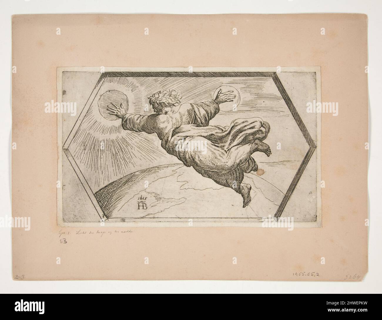 Dio che crea il Sole e la Luna, dai dipinti della Loggia. Etcher: Orazio Borgianni, italiano, ca. 1578–1616After: Raffaello, italiano, 1483–1520 Foto Stock