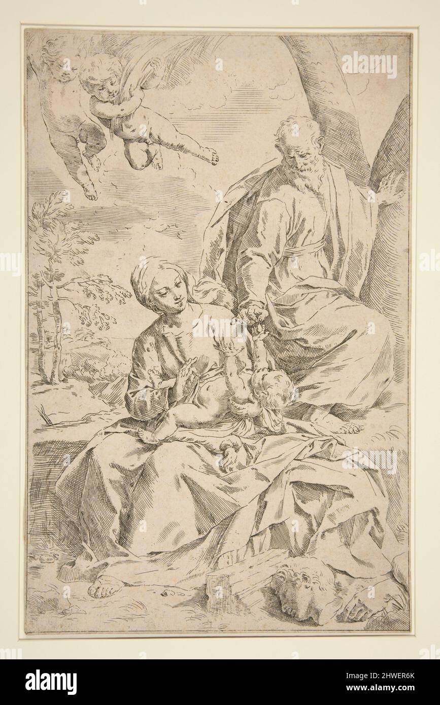 Riposa sul volo in Egitto. Artista: Simone Cantarini, italiano, 1612–1648 Foto Stock