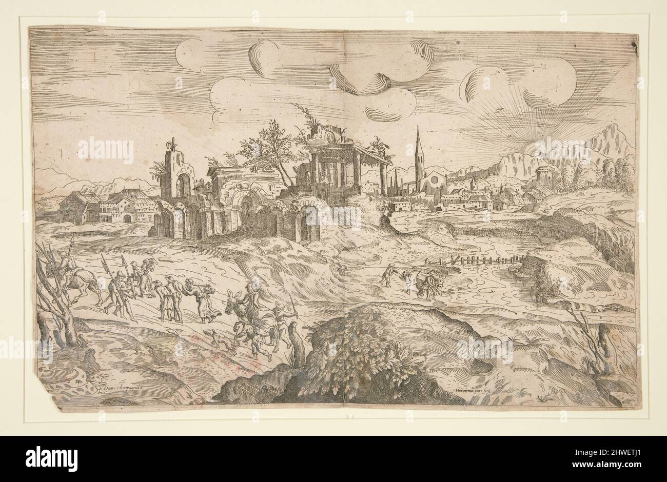 Paesaggio con i viaggiatori. Etcher: Girolamo Porro, italiano, 1520–1604After: Domenico Campagnola, italiano, 1500–1564 Foto Stock