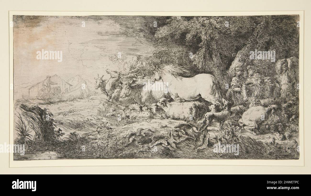 Animali che entrano nell’Arca di Noè. Artista: Giovanni Benedetto Castiglione, italiano, 1609–1664 Foto Stock
