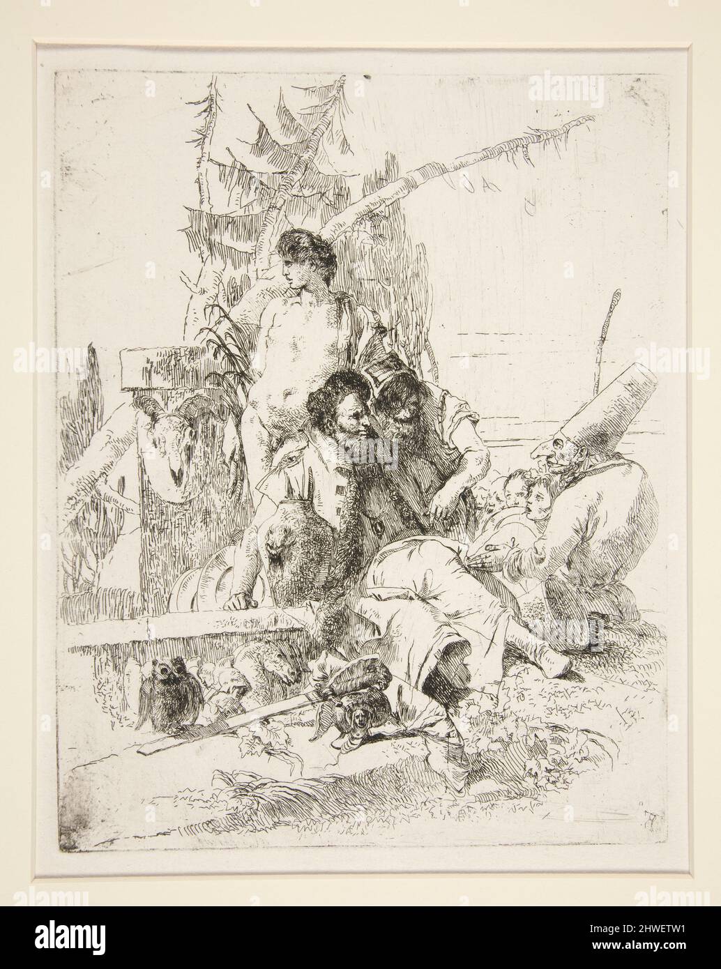 Punchinello parla ai due maghi, della serie Scherzi di Fantasia. Artista: Giovanni Battista Tiepolo, italiano, Venezia, 1696–1770 Foto Stock