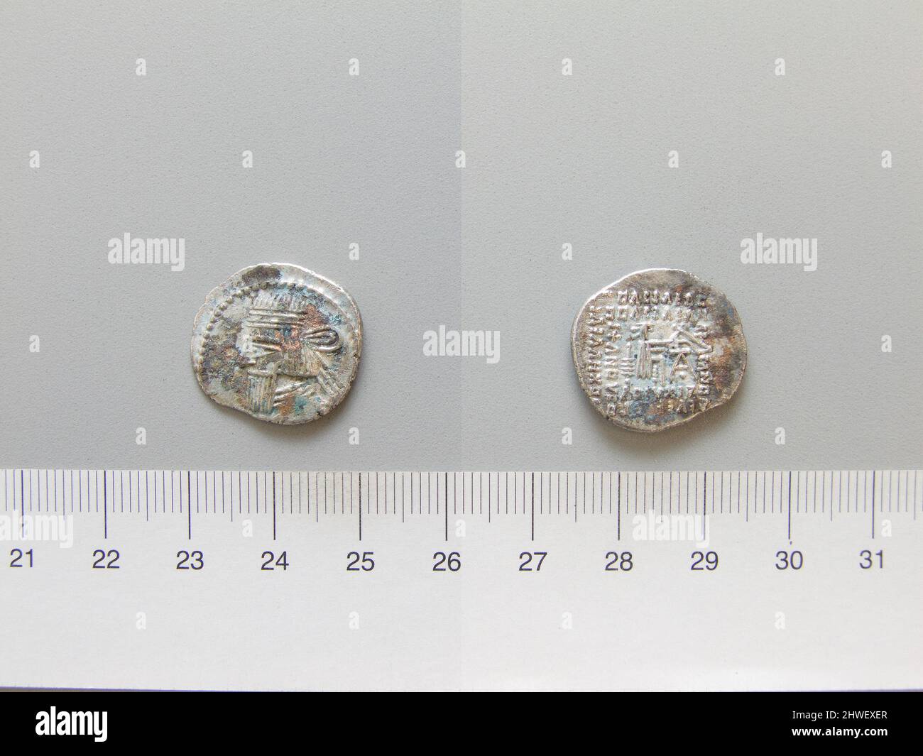 1 dracme di Pakoros II da Ecbatana. Regnante: Pakoros II, re dell'Impero Partiano, regnò 78–105 Mint: Ecbatana artista: Sconosciuto Foto Stock
