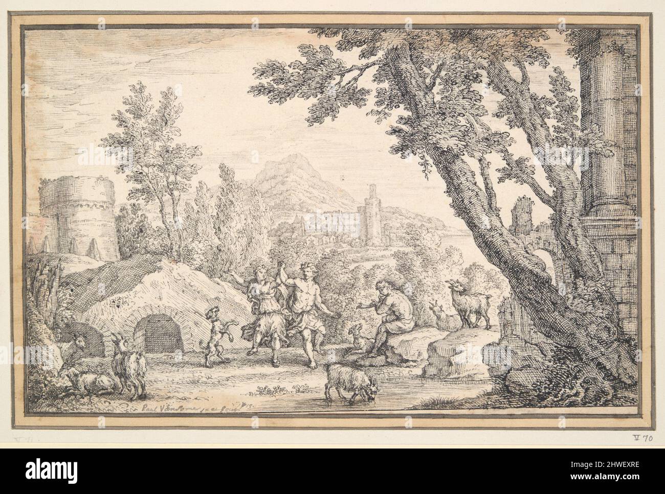 La danza di Shepperd nel paesaggio classico. Artista: Paul van Somer, olandese, ca. 1649–1694 Foto Stock