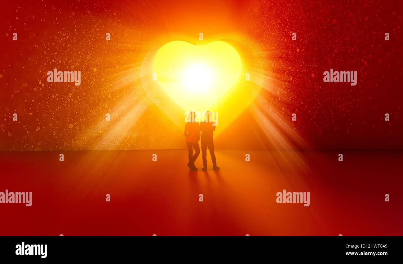 Coppia innamorata, tunnel d'amore. Anima mate, conquista. Social network, siti di incontri. Ragazzo e ragazza in attesa di entrare in una porta a forma di cuore. Matrimonio Foto Stock