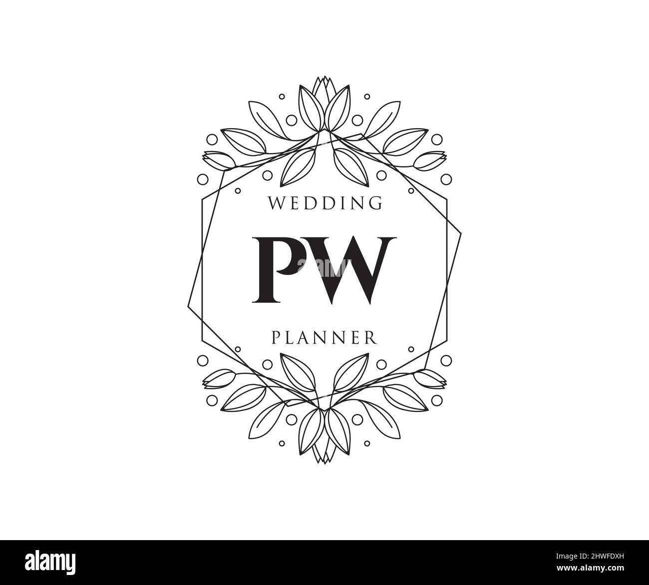 PW iniziali lettera matrimonio monogramma collezione loghi, disegnati a mano moderni minimalistici e modelli floreali per carte di invito, Salva la data, elegante Illustrazione Vettoriale