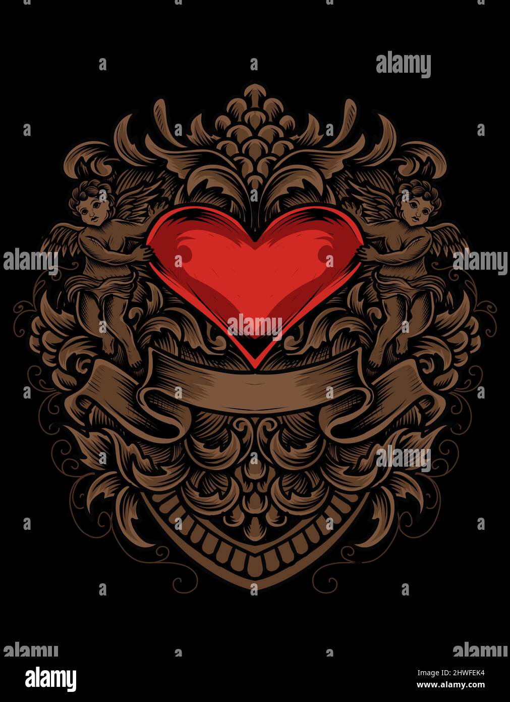 illustrazione vettore amore cuore con due angelo bambino e ornamento incisione Illustrazione Vettoriale