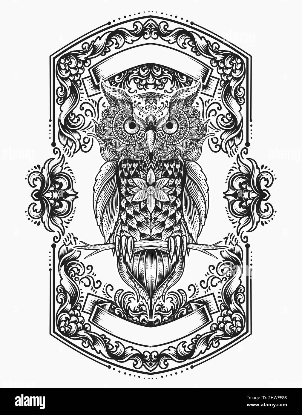 illustrazione vettore monocroma gufo uccello mandala ornamento Illustrazione Vettoriale