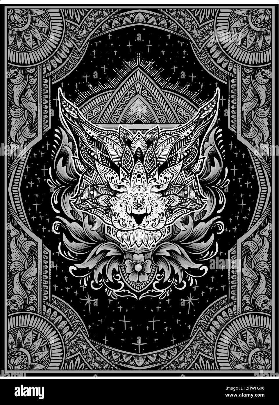 illustrazione vettore testa di gatto mandala ornamento stile Illustrazione Vettoriale