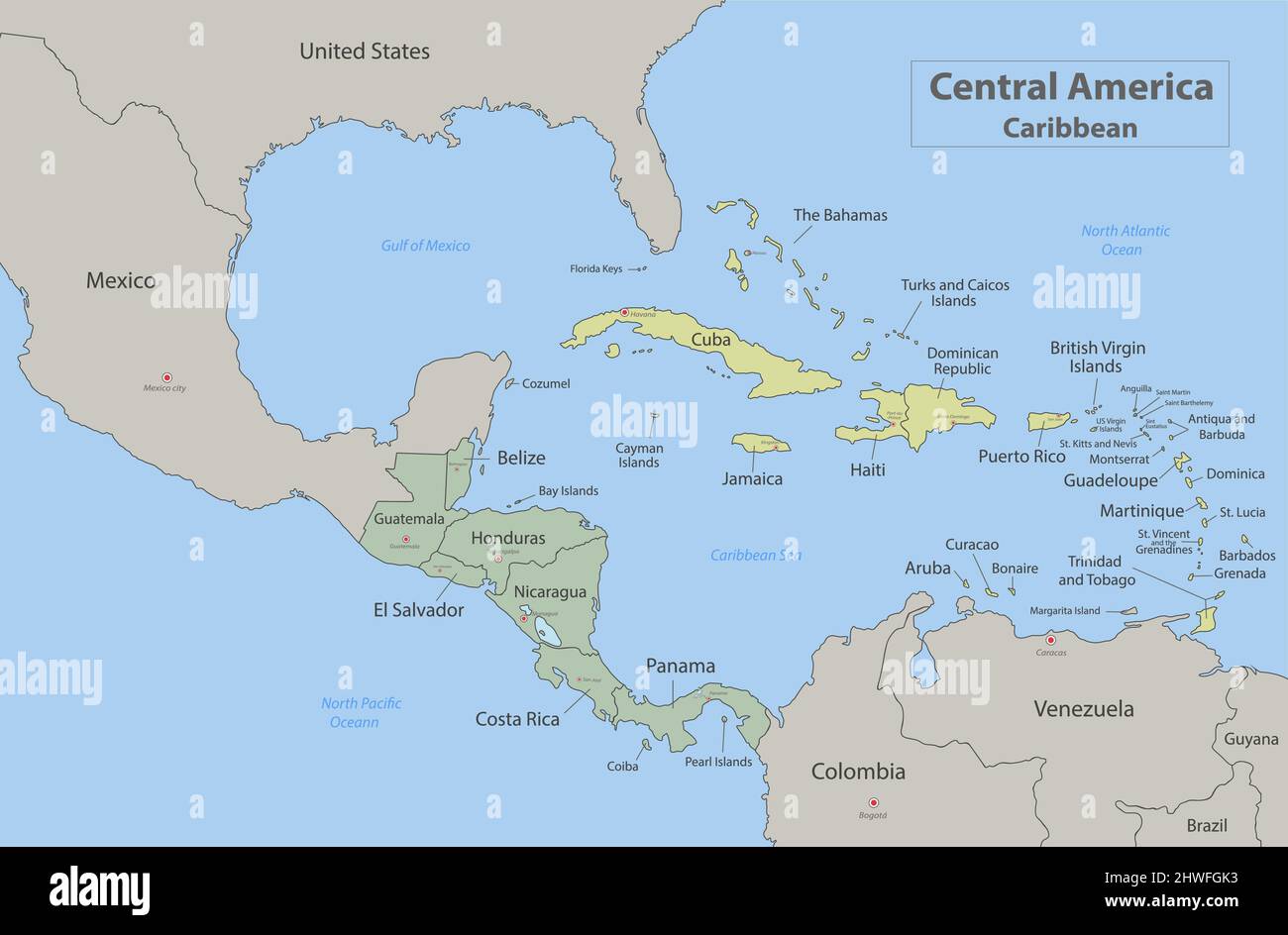 L'America Centrale e le isole dei Caraibi mappano il colore classico, gli stati individuali e la città con i nomi vettoriali Illustrazione Vettoriale