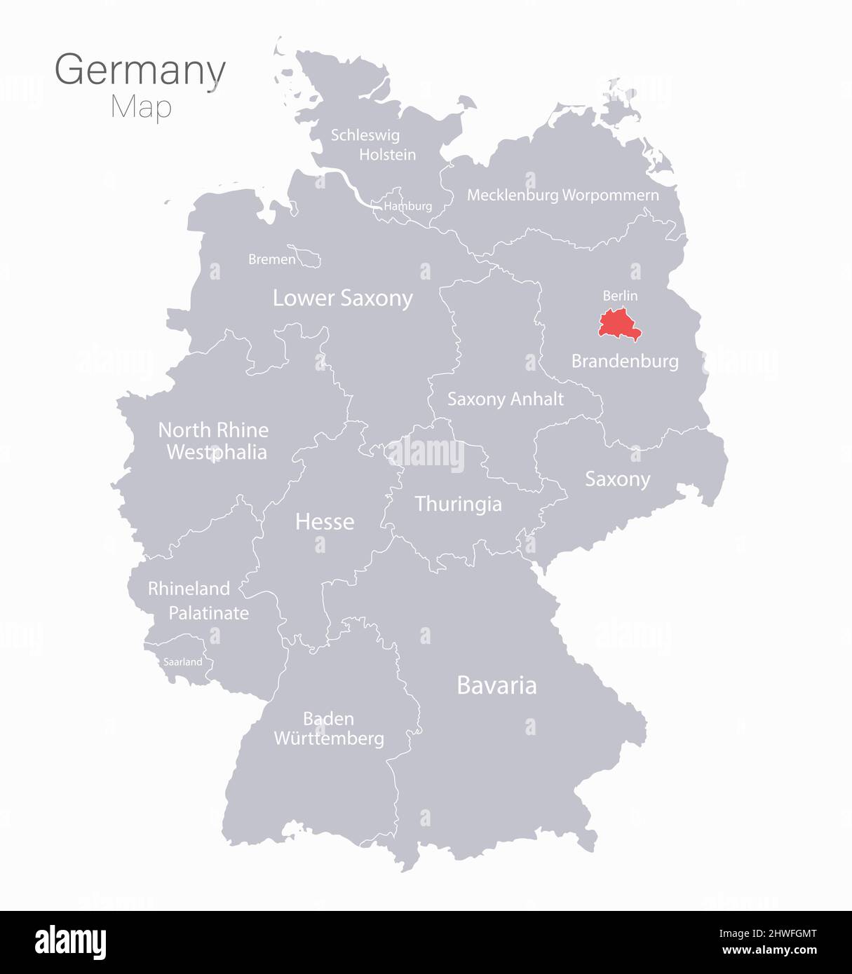 mappa della germania - 4 Mappa della Germania, delle regioni e della capitale con nomi, grigia su sfondo bianco Immagine e Vettoriale - Alamy
