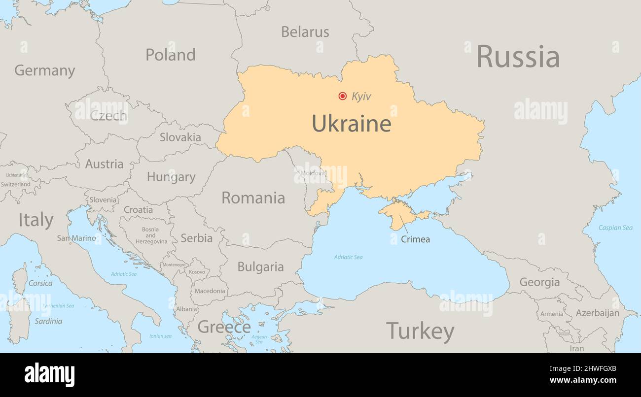 Mappa dell'Ucraina con gli stati circostanti, colore classico, stati individuali e città con nomi vettoriali Illustrazione Vettoriale