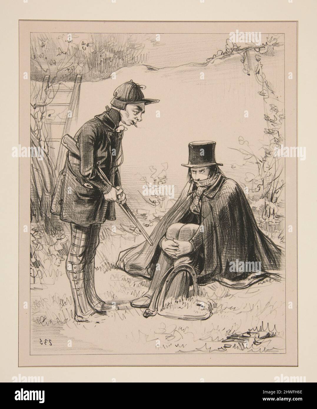 Adrien, jeune homme du voisinage, s’est pris la jambe cette nuit…. Artista: Paul Gavarni, francese, 1804–1866 Foto Stock