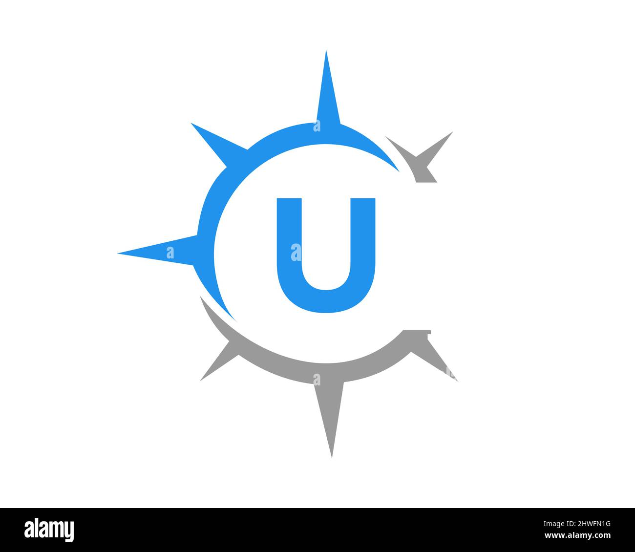 Design del logo della bussola con lettera U. Concetto di bussola con tipografia U letter Illustrazione Vettoriale