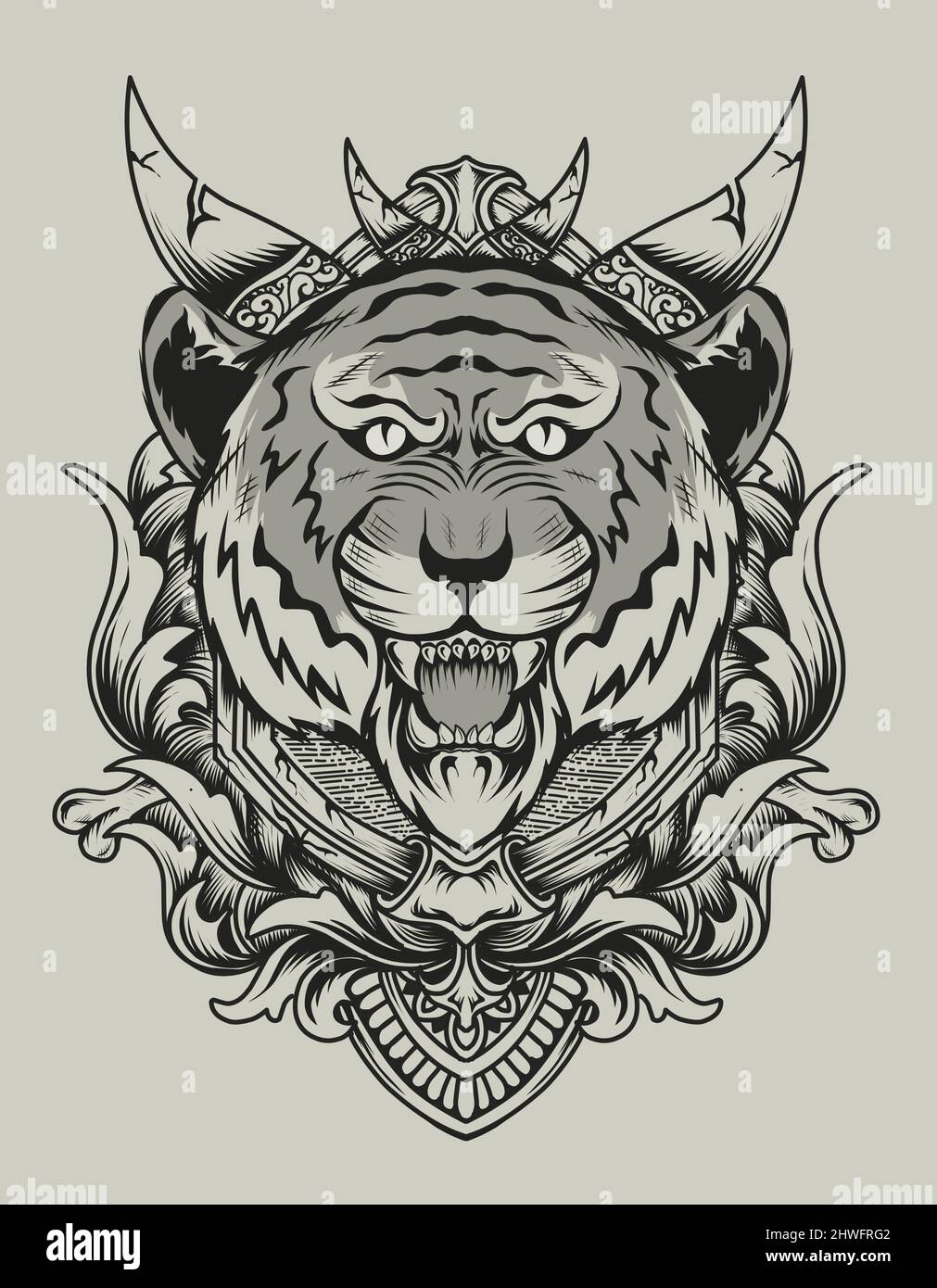 Illustrazione testa di tigre vettoriale con ornamento da incisione vintage Illustrazione Vettoriale