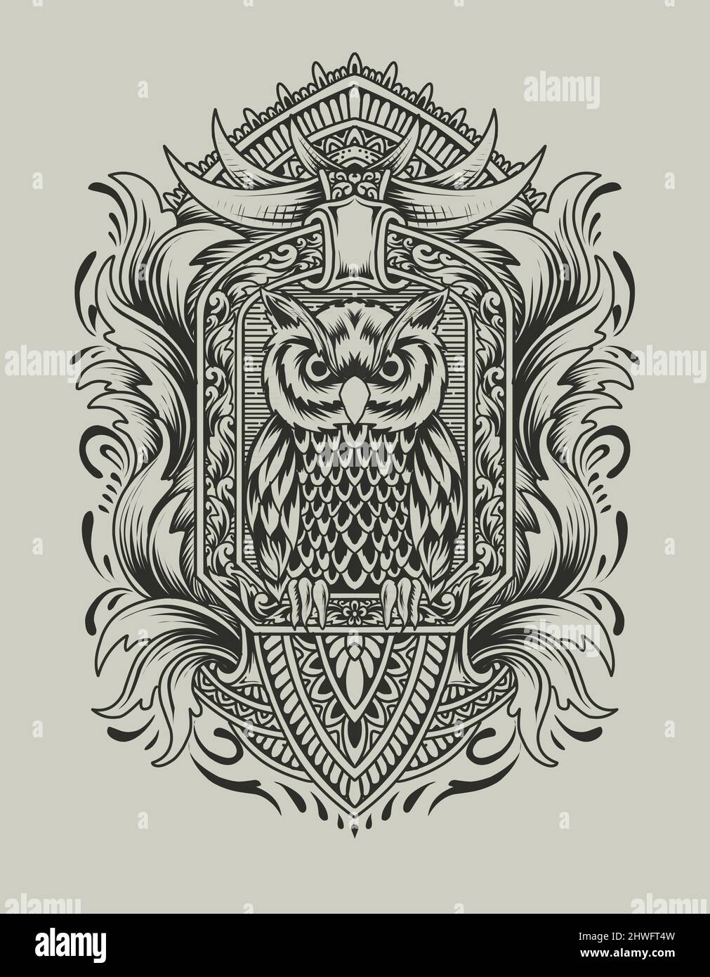 Illustrazione vettore uccello Owl con ornamento da incisione vintage Illustrazione Vettoriale