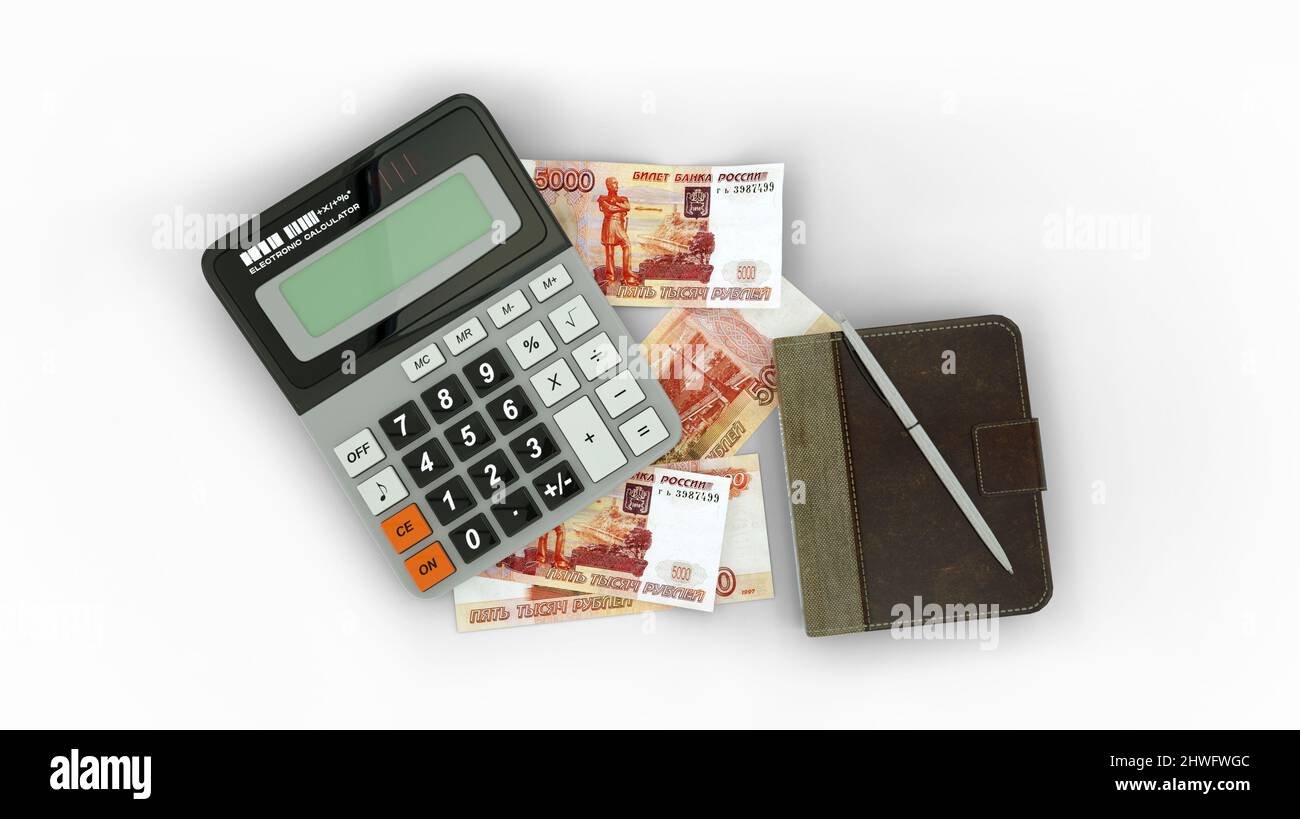 3D rappresentazione di una composizione isolata di note Ruble russe, di un calcolatore, di un libro di note e di una penna Foto Stock