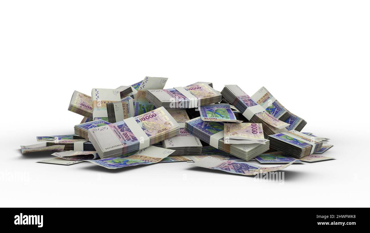 3D stack di 10000 note CFA dell'Africa occidentale isolate su sfondo bianco Foto Stock