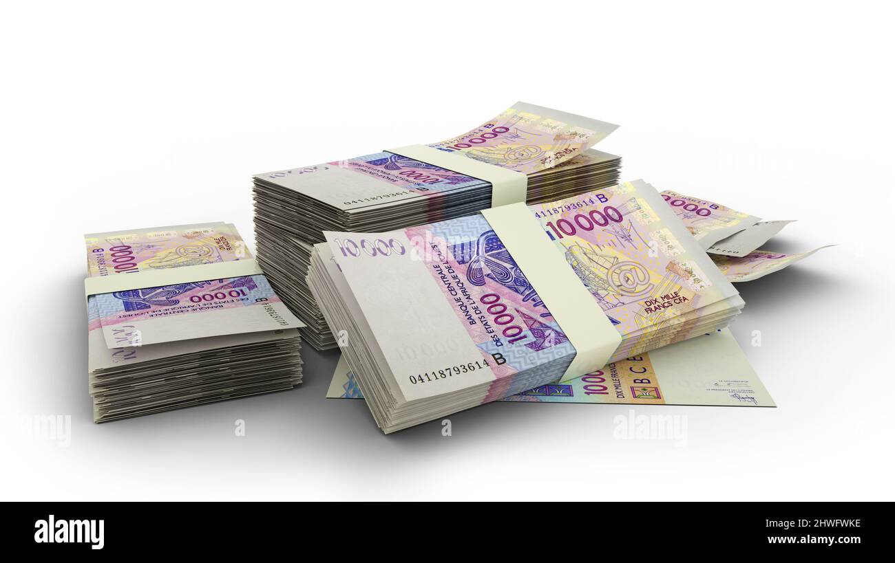 3D stack di 10000 note CFA dell'Africa occidentale isolate su sfondo bianco. 3d rendering Foto Stock