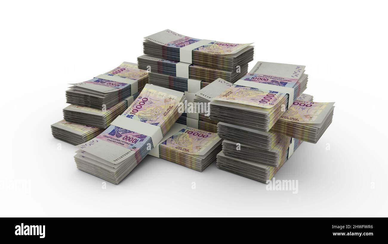 Pila di banconote da franco CFA dell'Africa occidentale. 3D emissione di mazzi di banconote Foto Stock